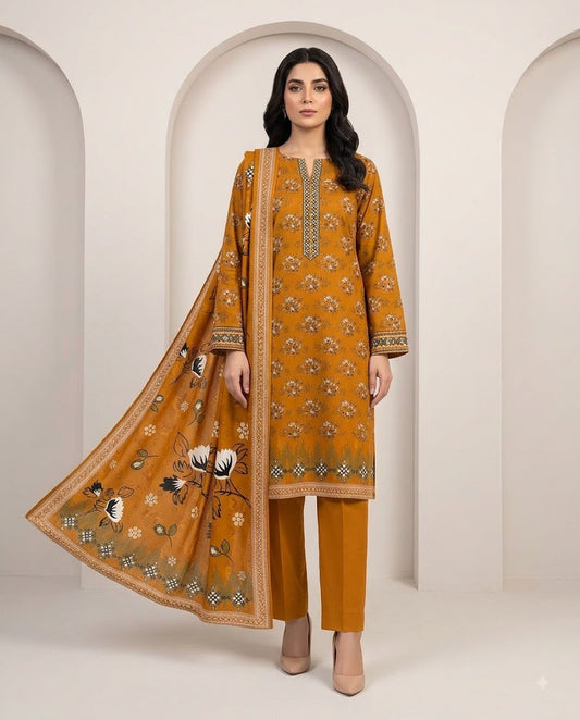 BAROQUE DIGITALUNSTITCHED 3 PIECE PREMIUM LINEN LADIES SUIT