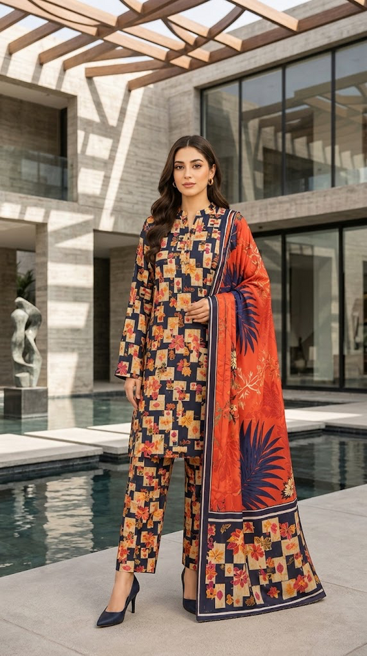 GULAHMAD DIGITALUNSTITCHED 3 PIECE ALLOVER PREMIUM LINEN LADIES SUIT